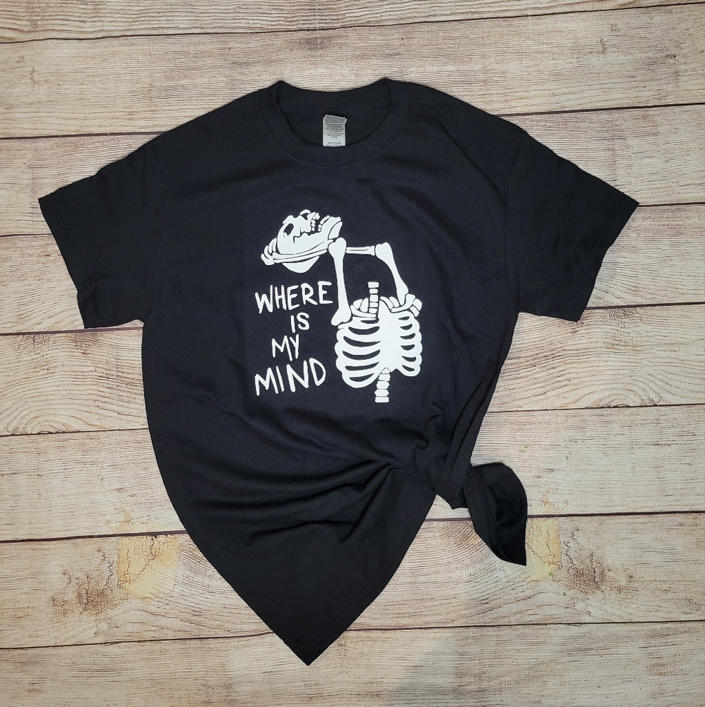 Skeleton where is my mind graphic tee shirt